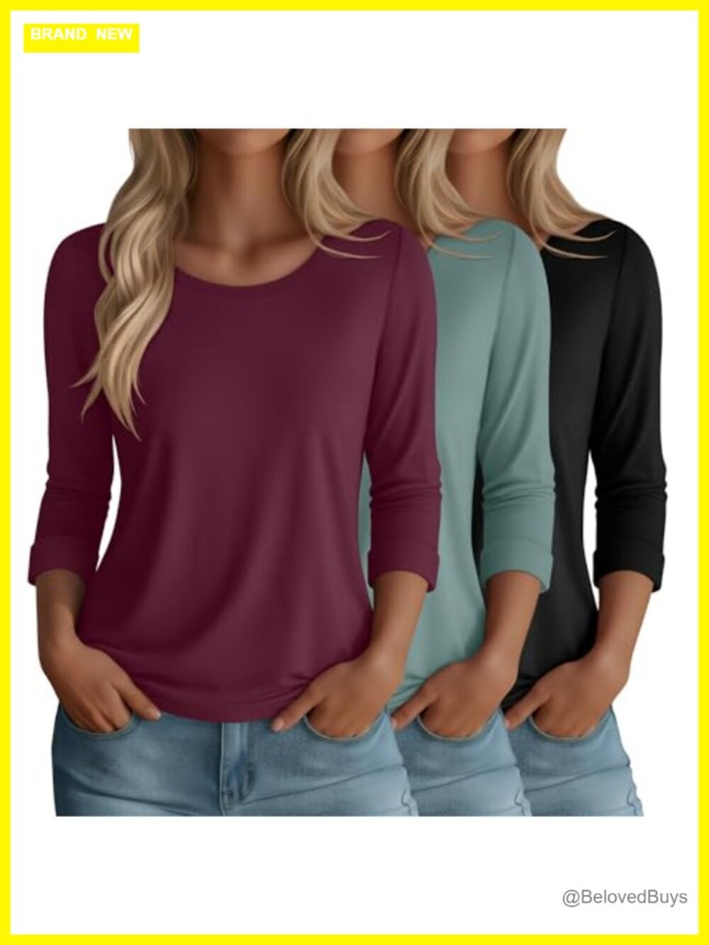 3 Pack 3/4 Sleeve Womens Tops Crew Neck Loose Fit T-Shirts